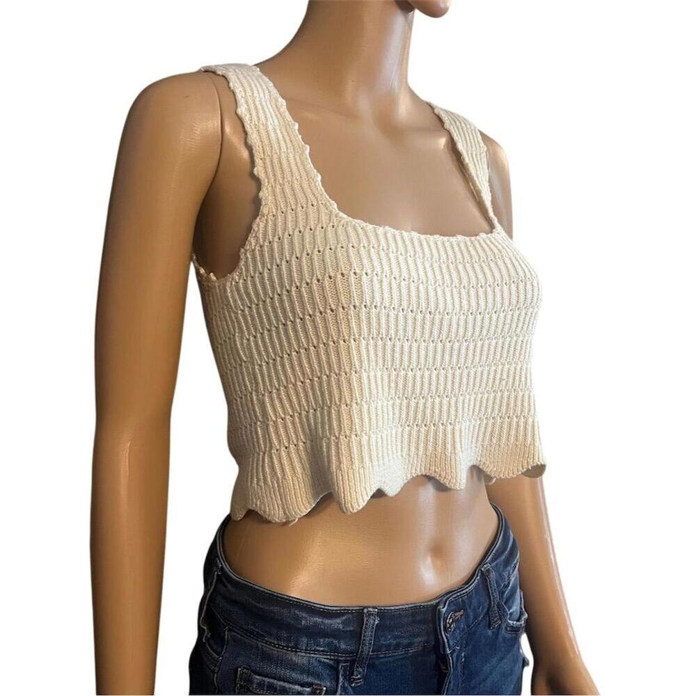 Bohme Beige Crochet Crop Top Scallop Edge Square Neck S - Picture 3 of 6